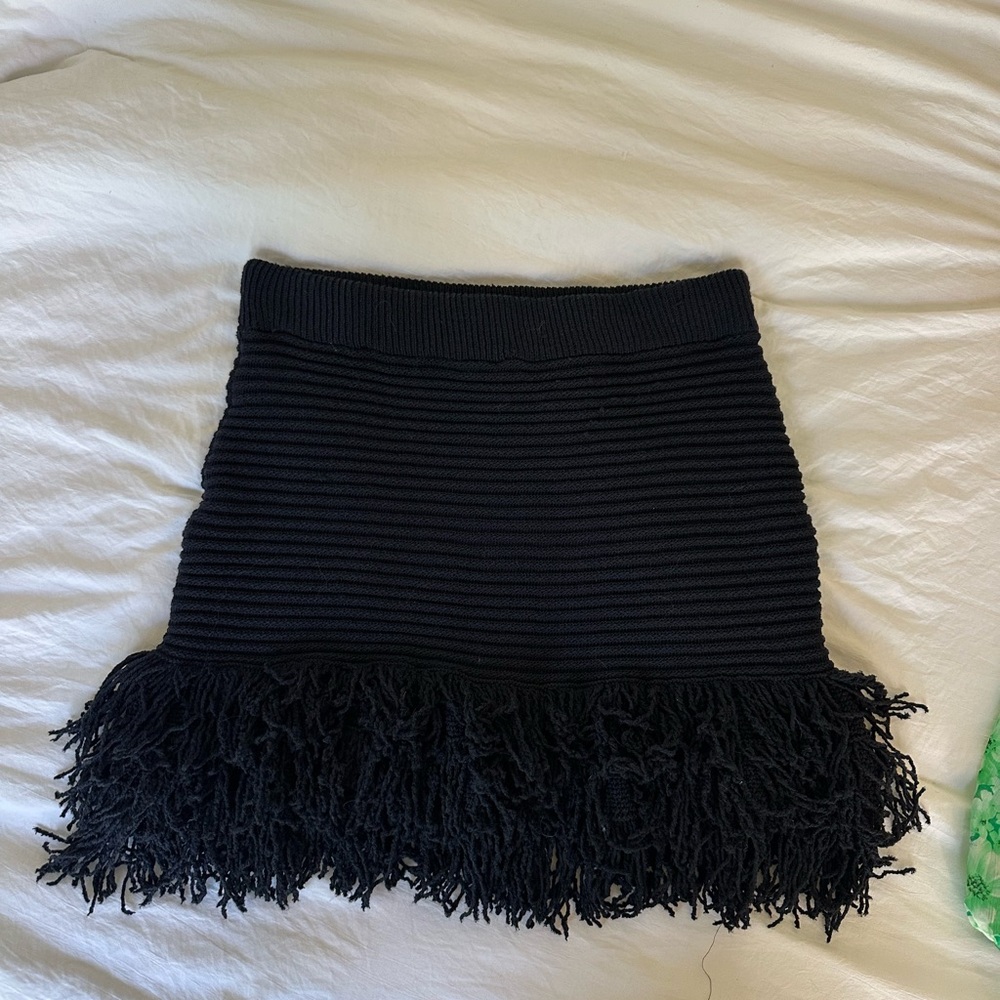 Zara Black Fringe Ribbed Mini Skirt